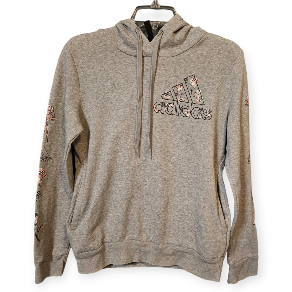 Adidas Hooded Pullover Sweatshirt with Flowers on Sleeves and Logo